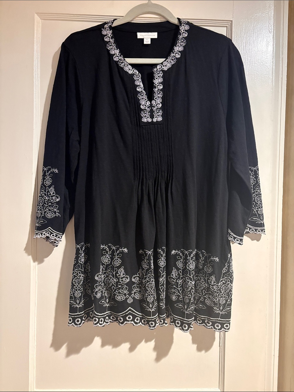 Charter Club Black Tunic with White Floral Embroidery